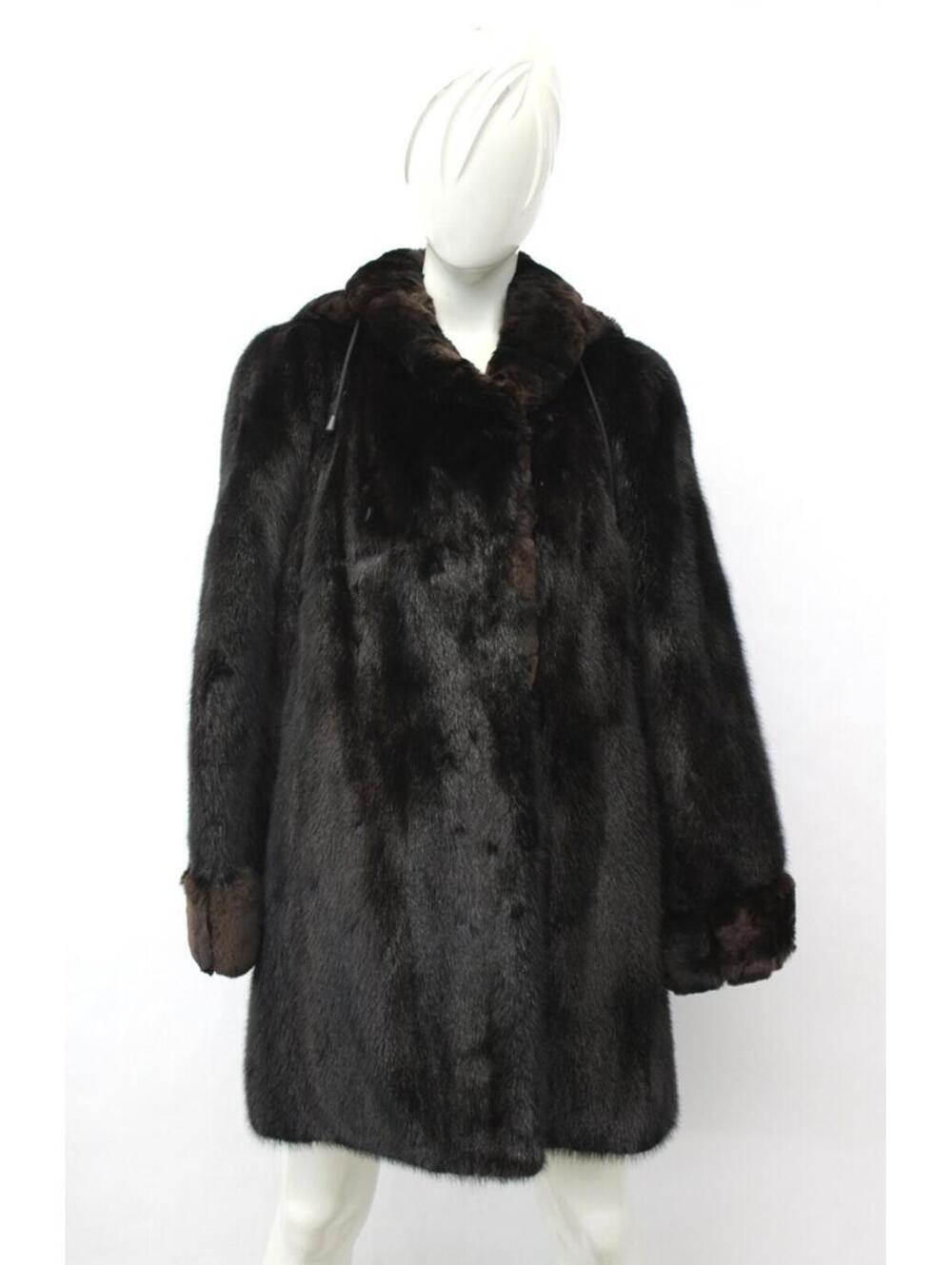 EXCELLENT DARK RANCH MINK & REX RABBIT FUR COAT JACKET WOMEN WOMAN SIZE 6-8 HOOD
